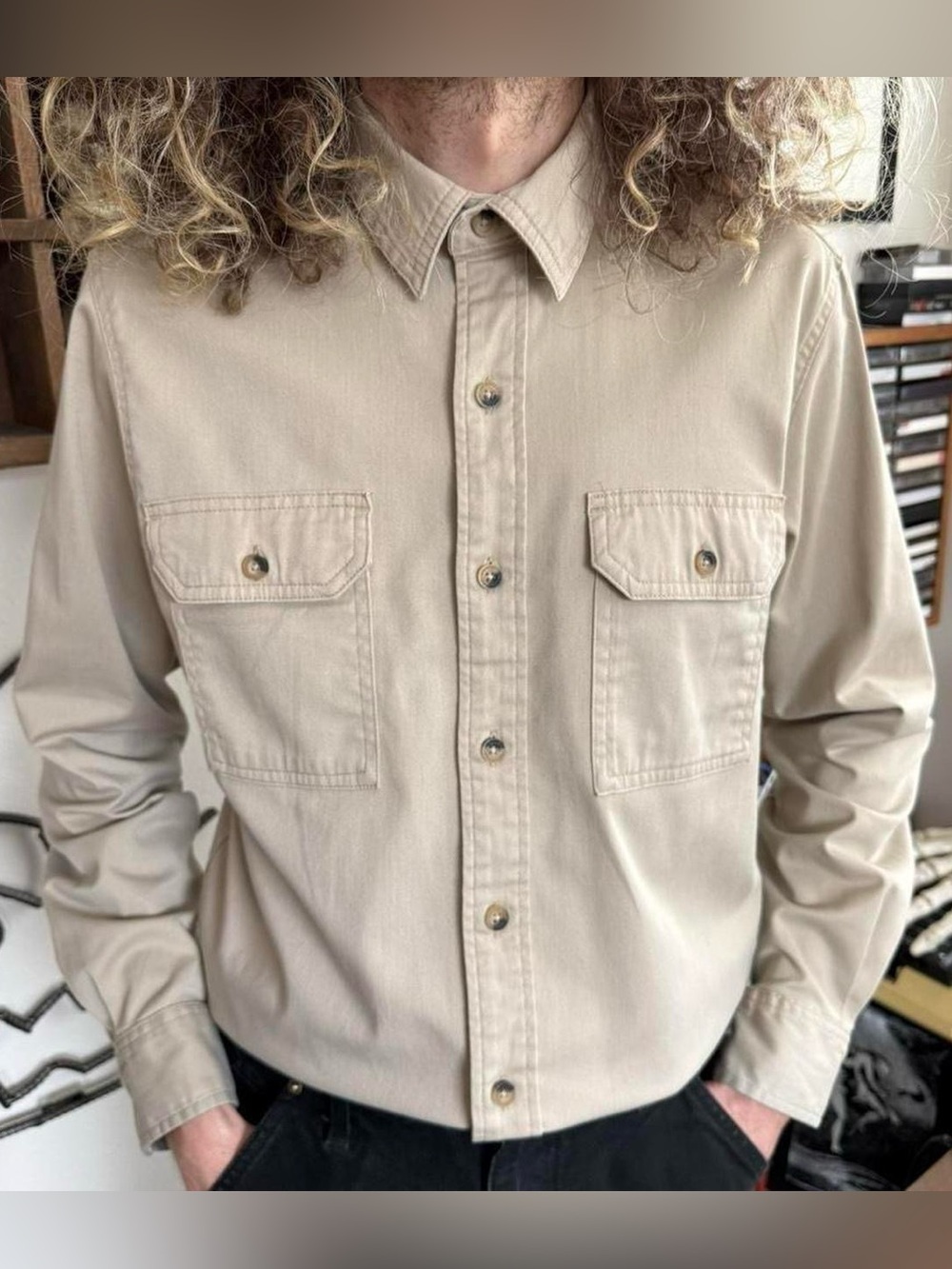 Vintage Y2K Wrangler Khaki Button Down Utility Work Shirt Minimalist ~ Size S